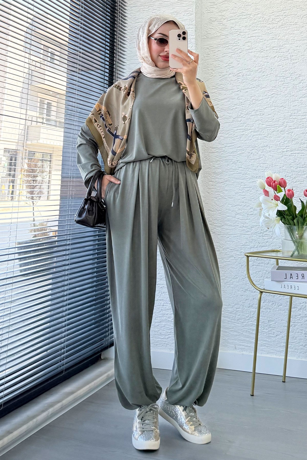 Premium Şalvar Kesim Double Face Pantolon Takım - Haki