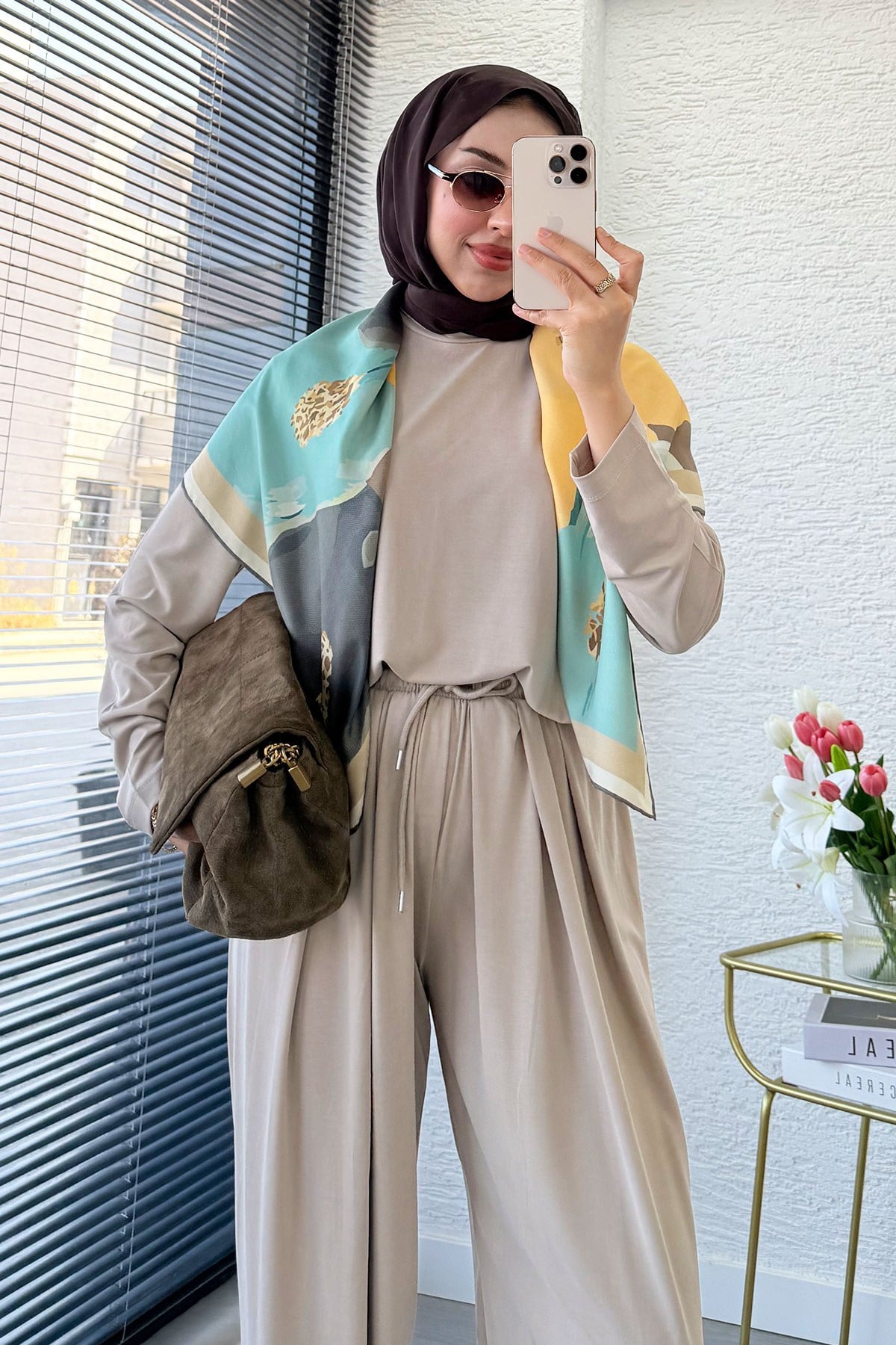 Premium Şalvar Kesim Double Face Pantolon Takım - Taş