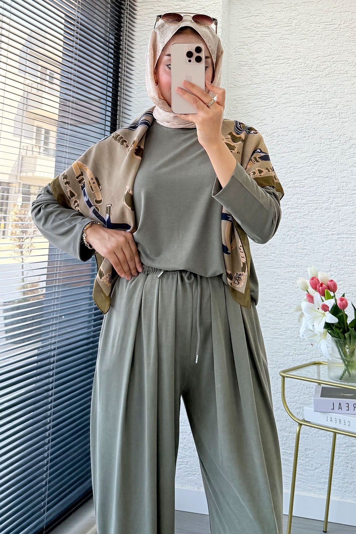 Premium Şalvar Kesim Double Face Pantolon Takım - Haki