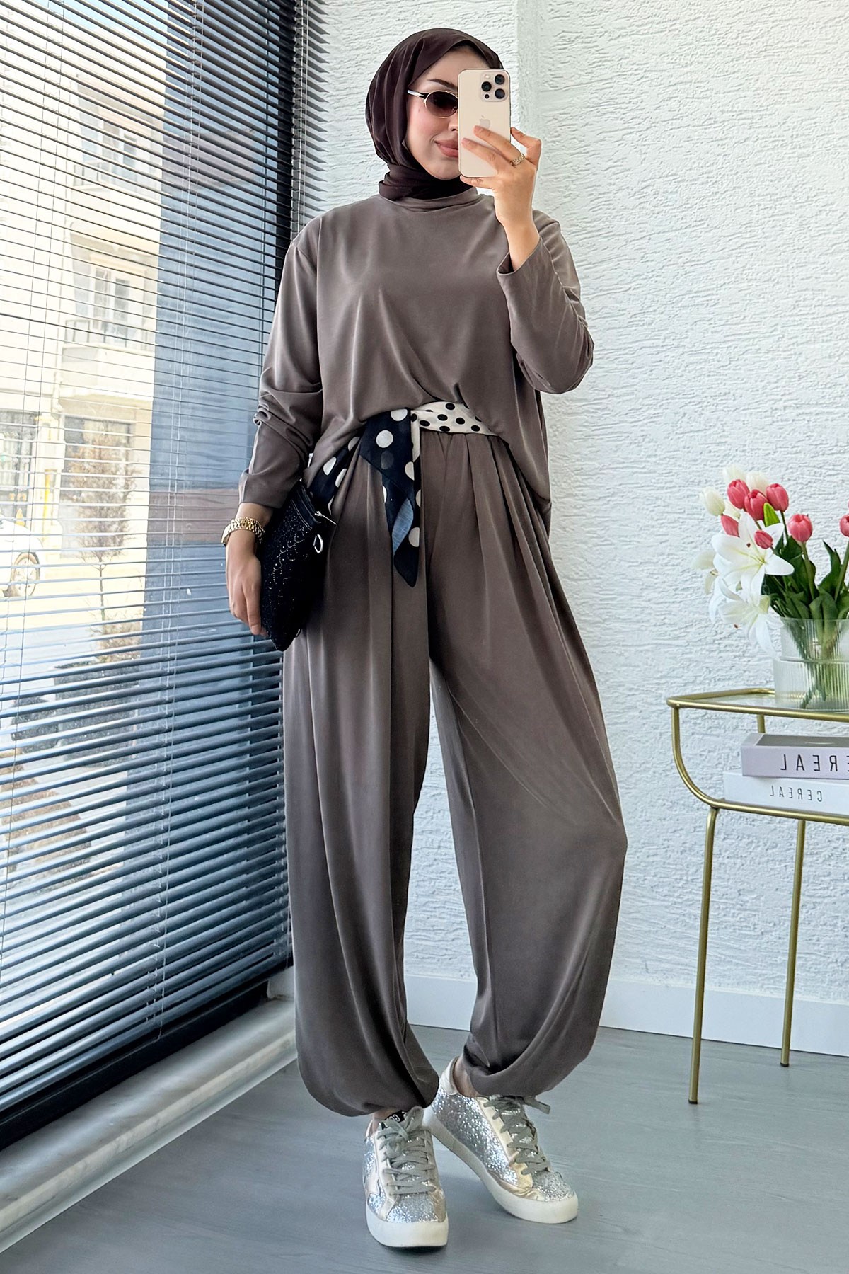 Premium Şalvar Kesim Double Face Pantolon Takım - Vizon