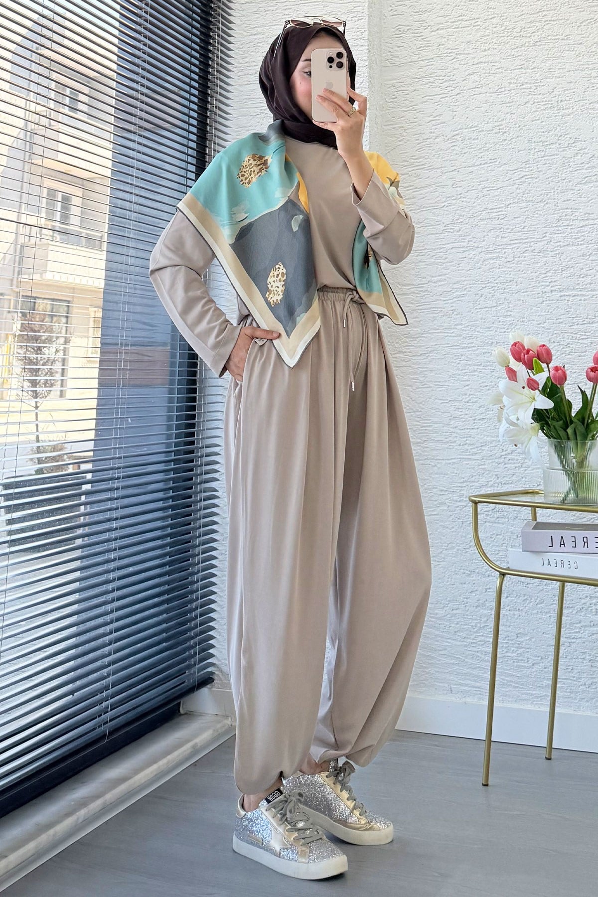Premium Şalvar Kesim Double Face Pantolon Takım - Taş