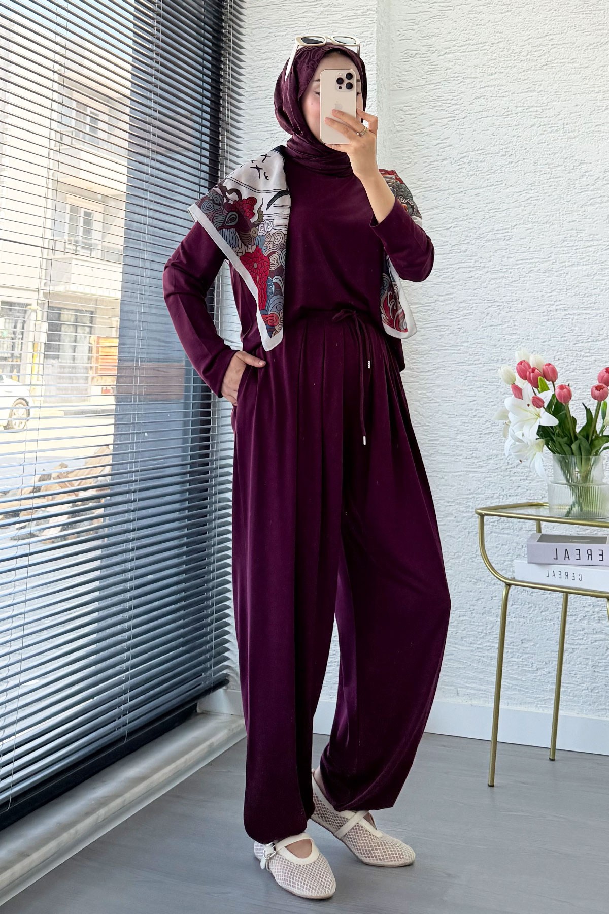 Premium Şalvar Kesim Double Face Pantolon Takım - Mürdüm