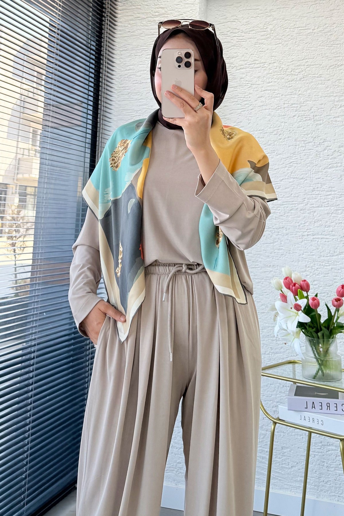Premium Şalvar Kesim Double Face Pantolon Takım - Taş