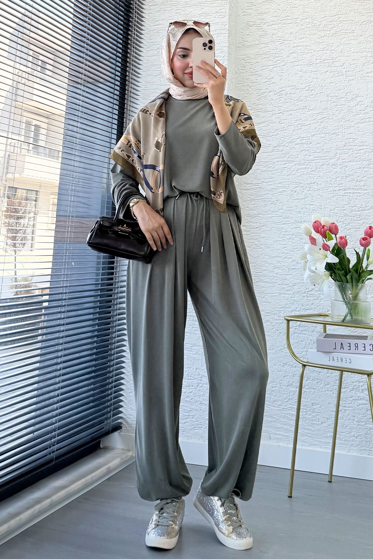 Premium Şalvar Kesim Double Face Pantolon Takım - Haki