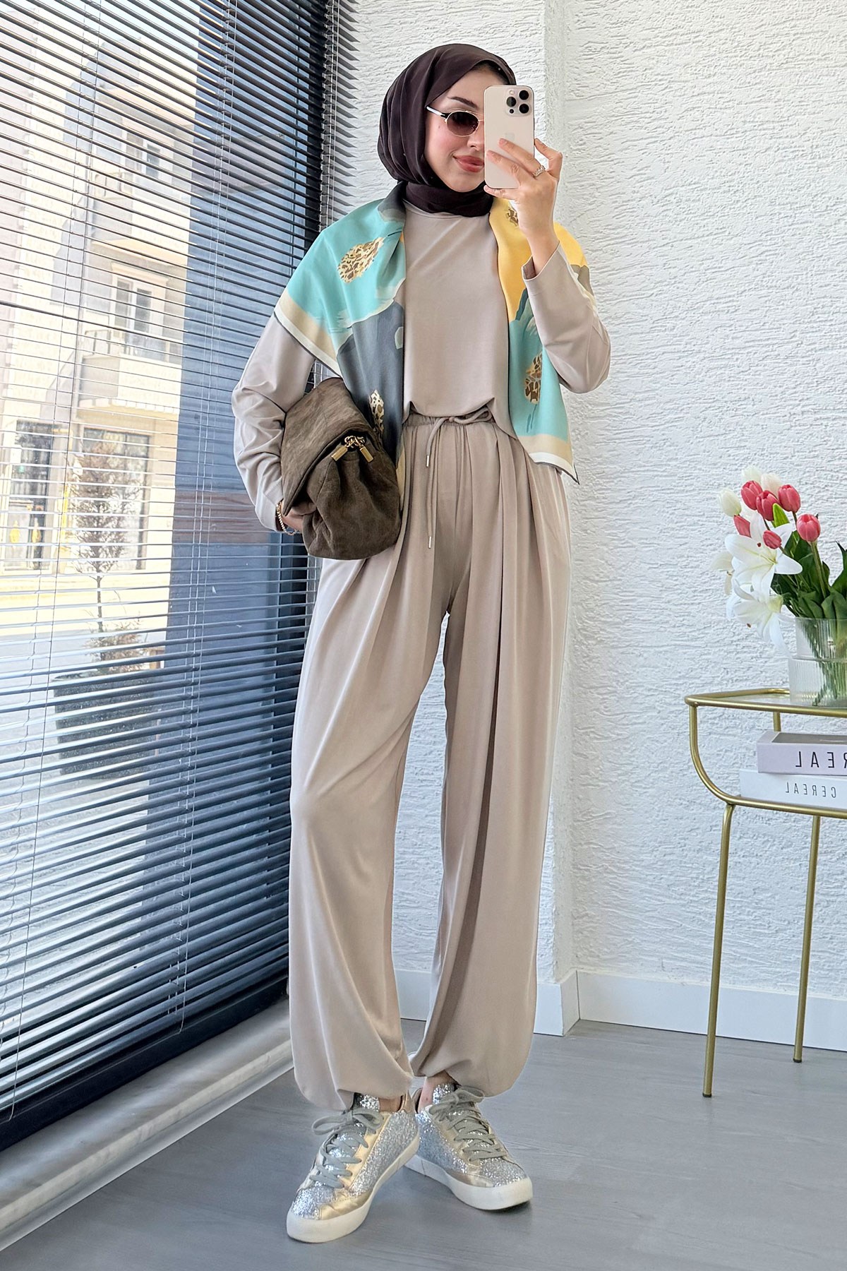 Premium Şalvar Kesim Double Face Pantolon Takım - Taş