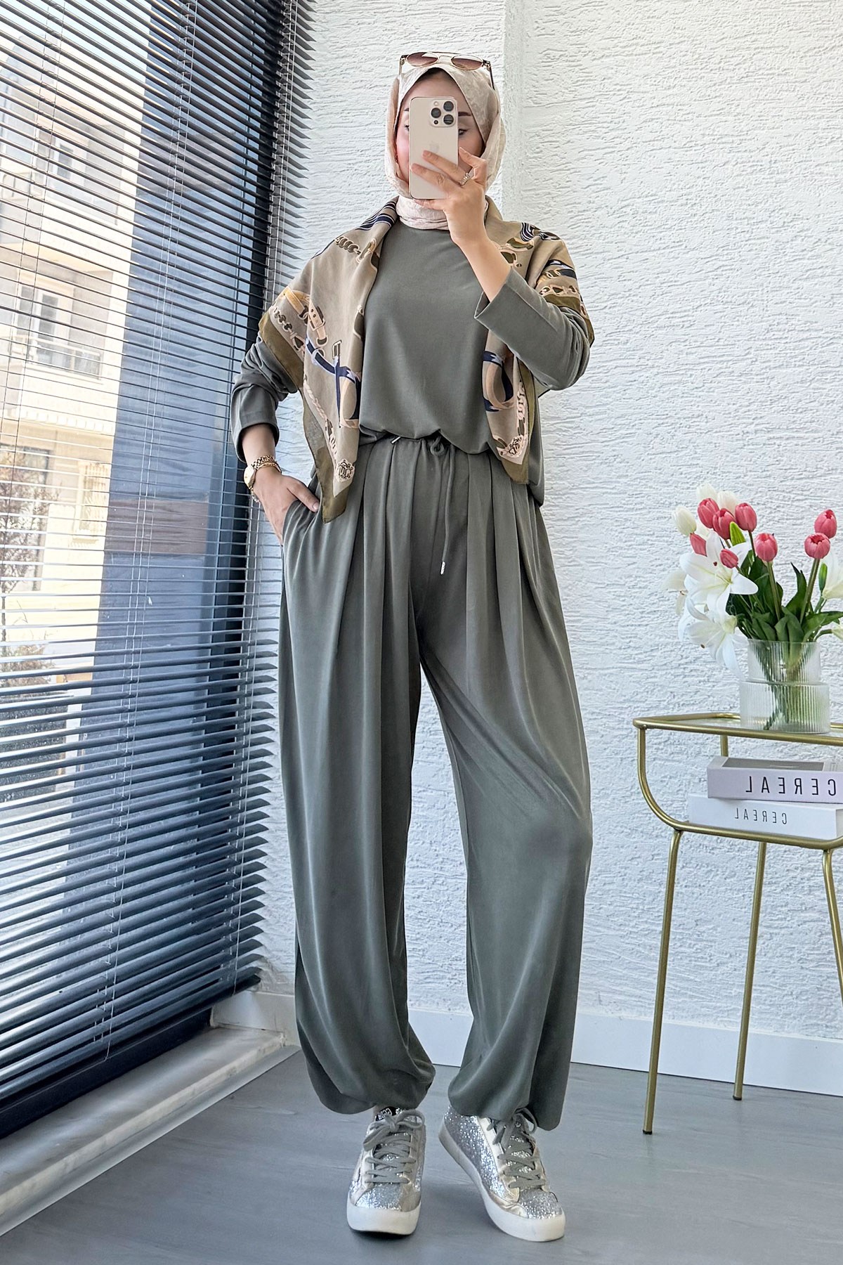 Premium Şalvar Kesim Double Face Pantolon Takım - Haki