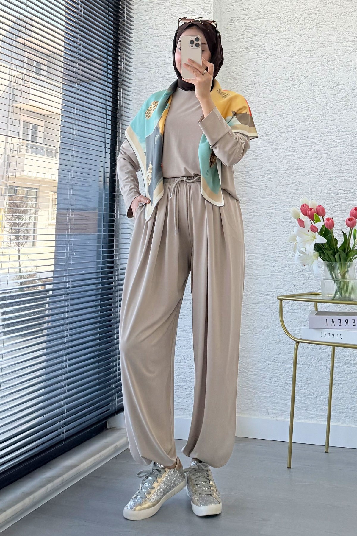Premium Şalvar Kesim Double Face Pantolon Takım - Taş