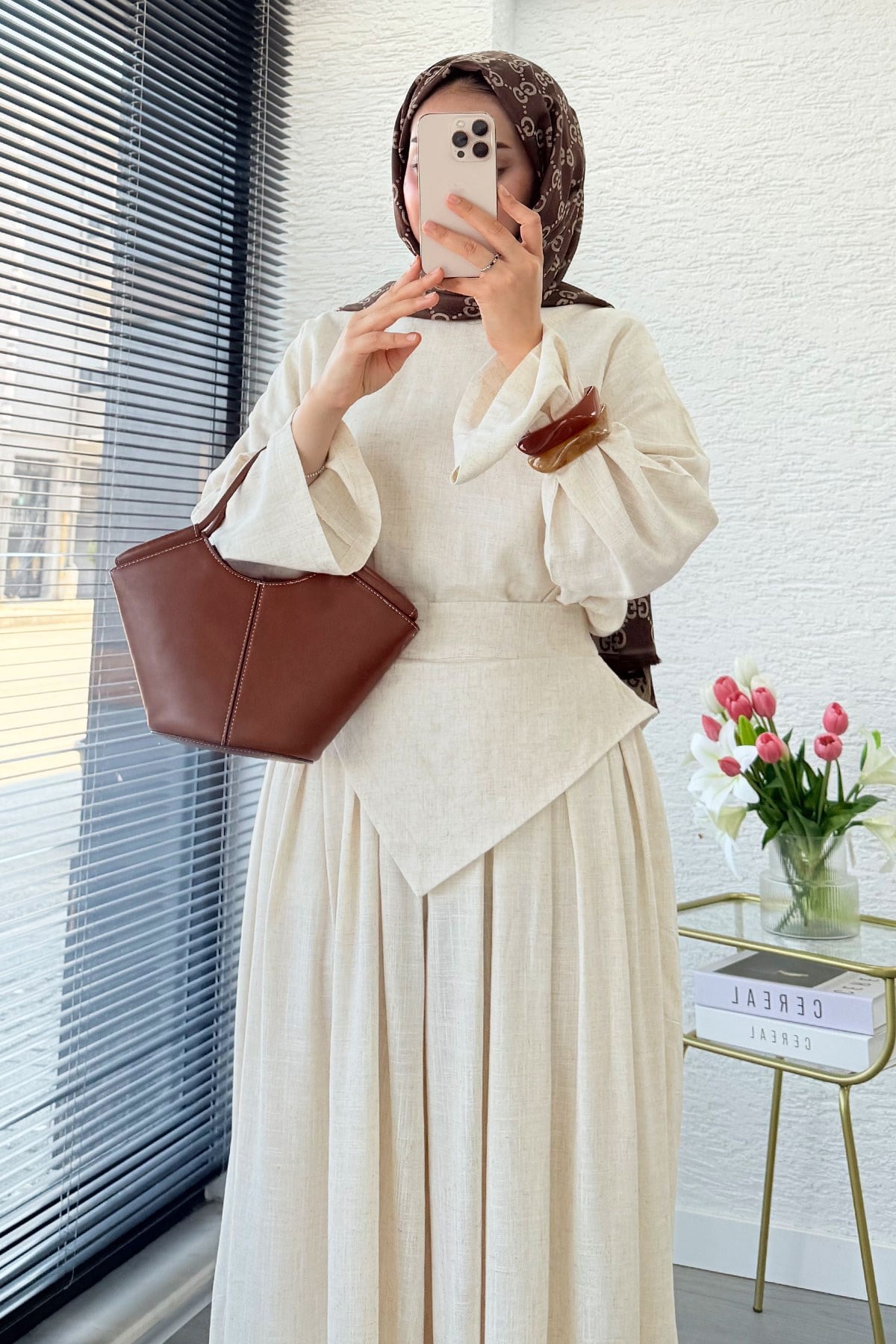 Premium Saye Tasarım Kemerli Etek Pantolon Takım - Natural