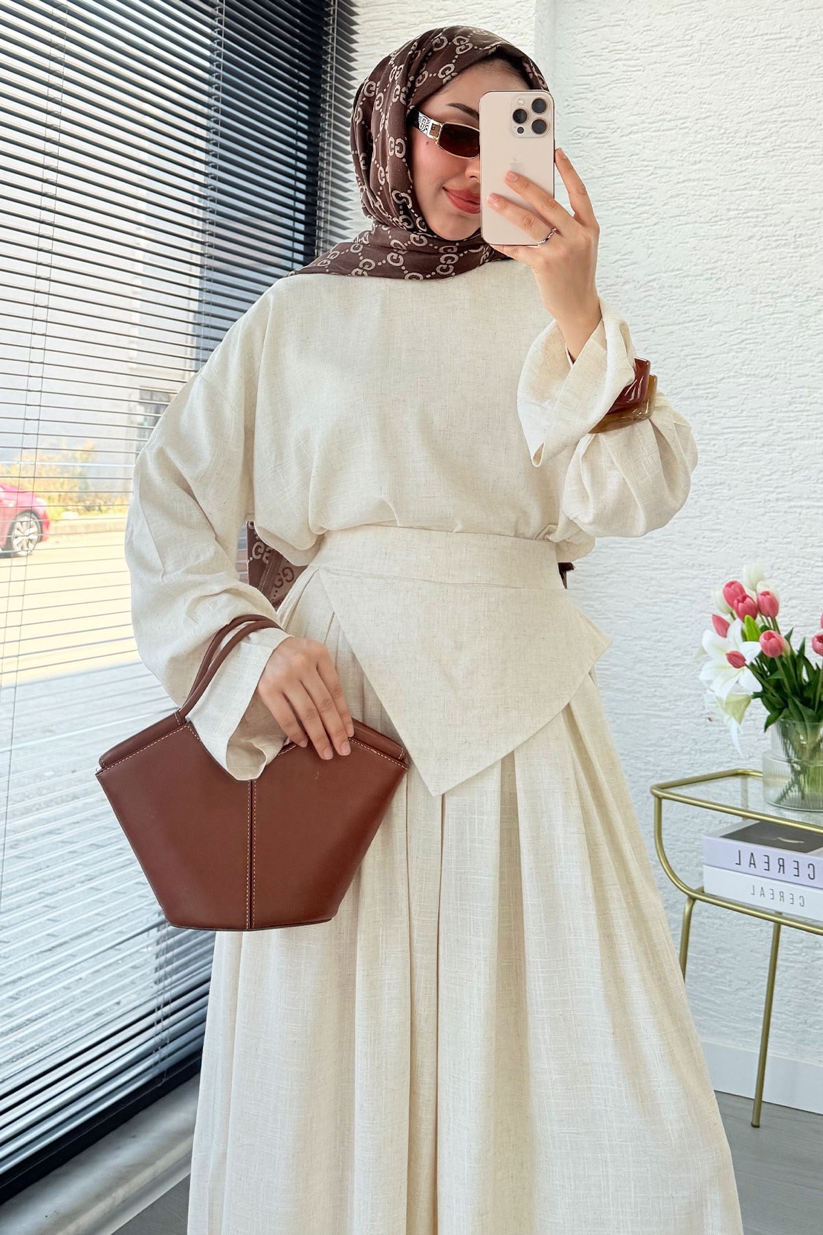 Premium Saye Tasarım Kemerli Etek Pantolon Takım - Natural