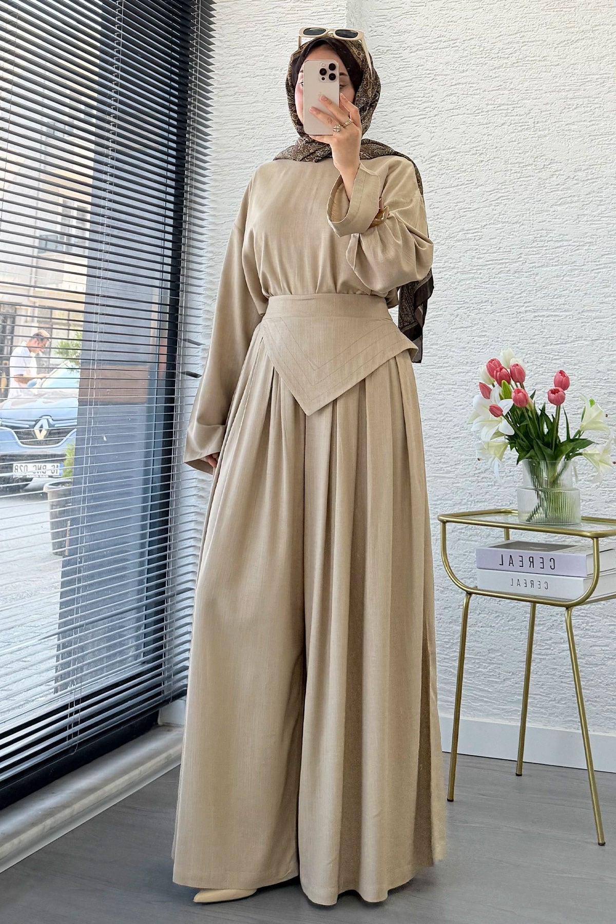 Premium Saye Tasarım Kemerli Etek Pantolon Takım - Vizon