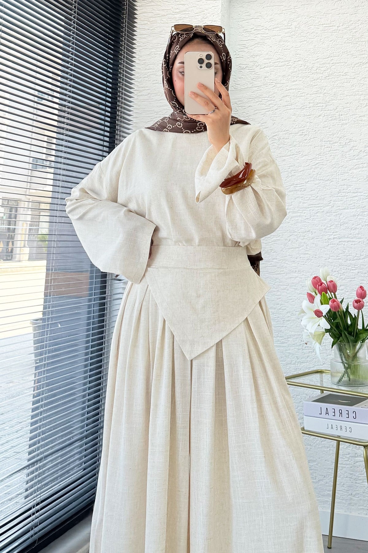 Premium Saye Tasarım Kemerli Etek Pantolon Takım - Natural