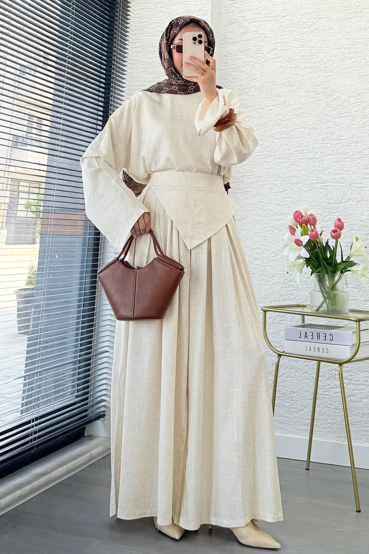 Premium Saye Tasarım Kemerli Etek Pantolon Takım - Natural