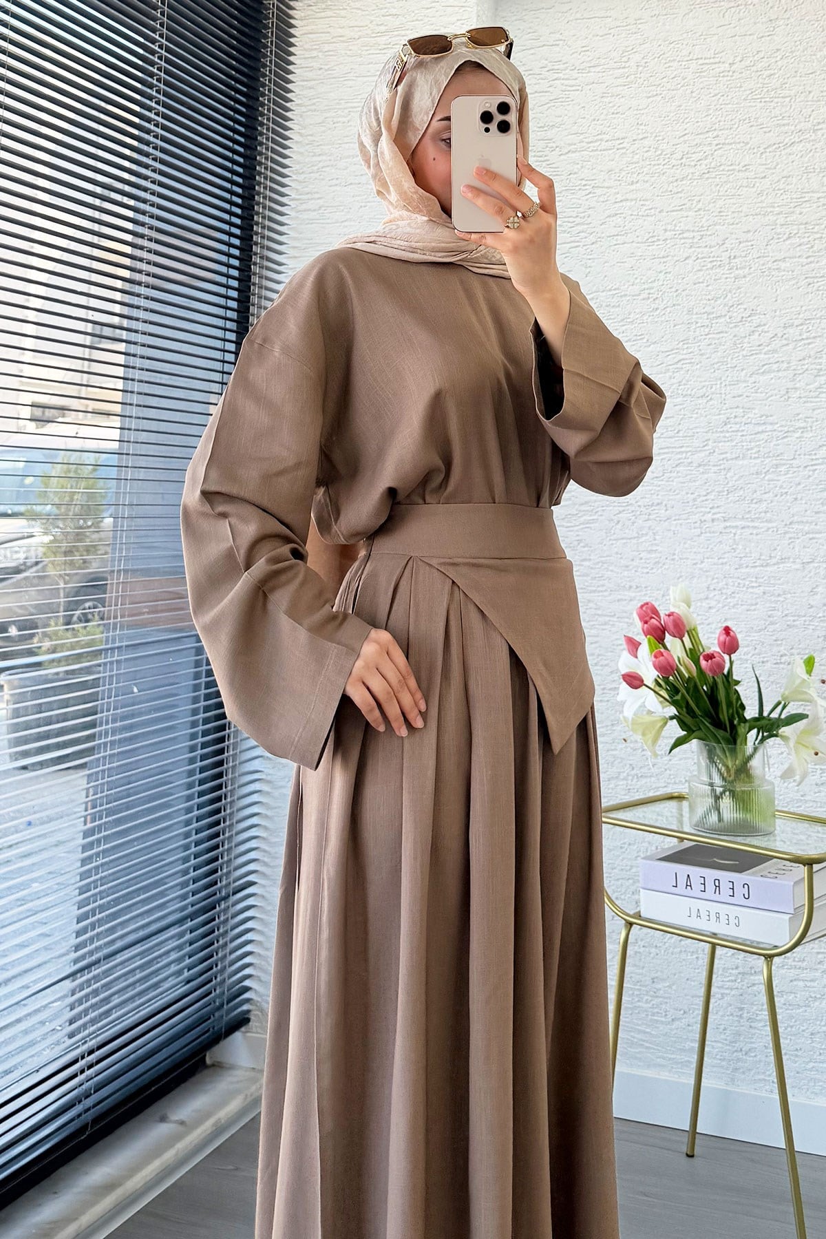 Premium Saye Tasarım Kemerli Etek Pantolon Takım - Sütlü Kahve