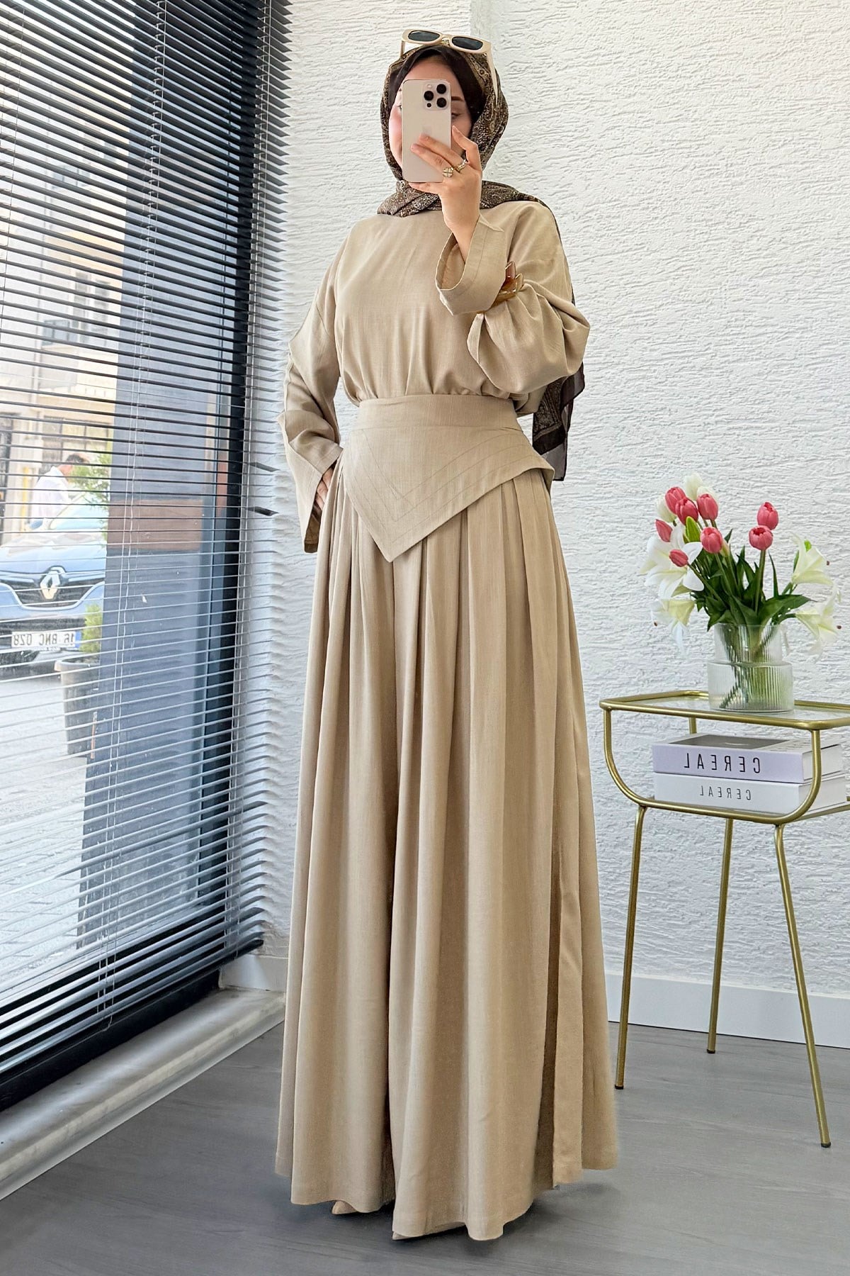 Premium Saye Tasarım Kemerli Etek Pantolon Takım - Vizon
