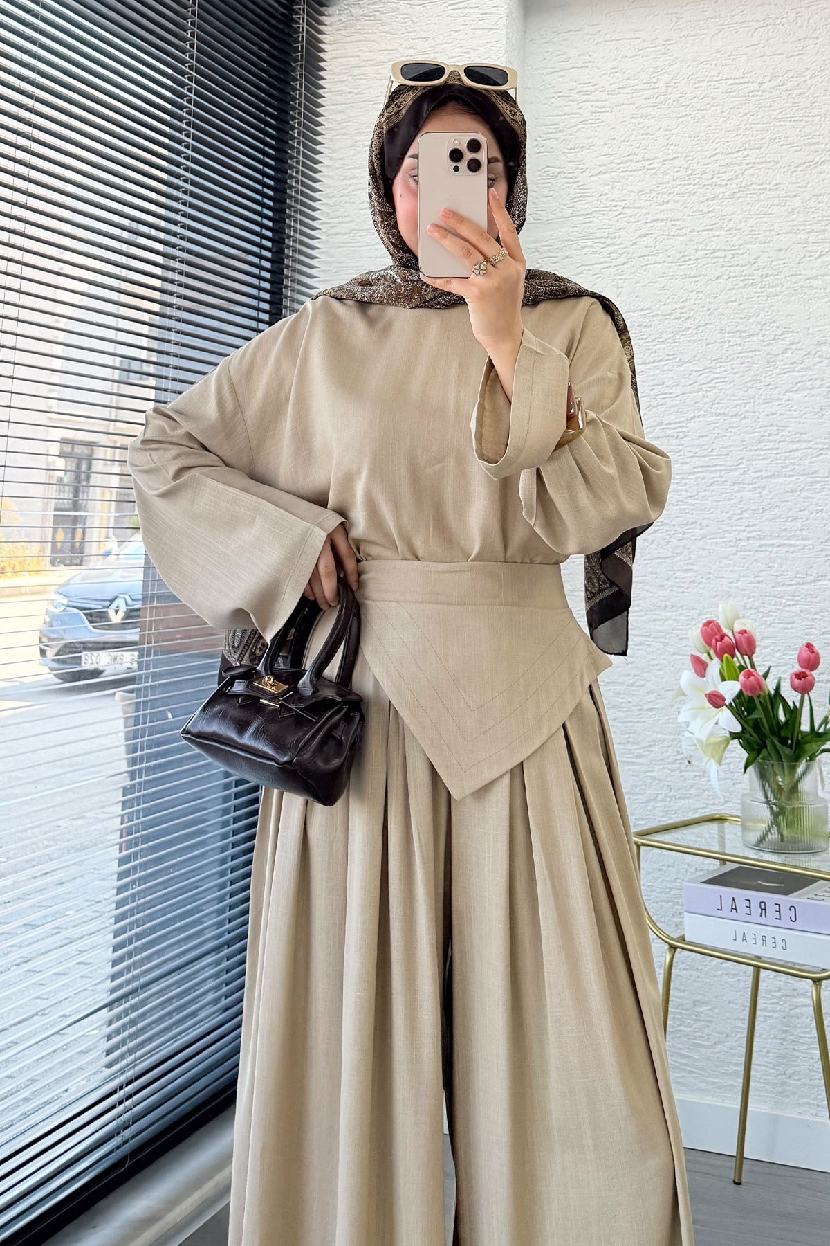 Premium Saye Tasarım Kemerli Etek Pantolon Takım - Vizon