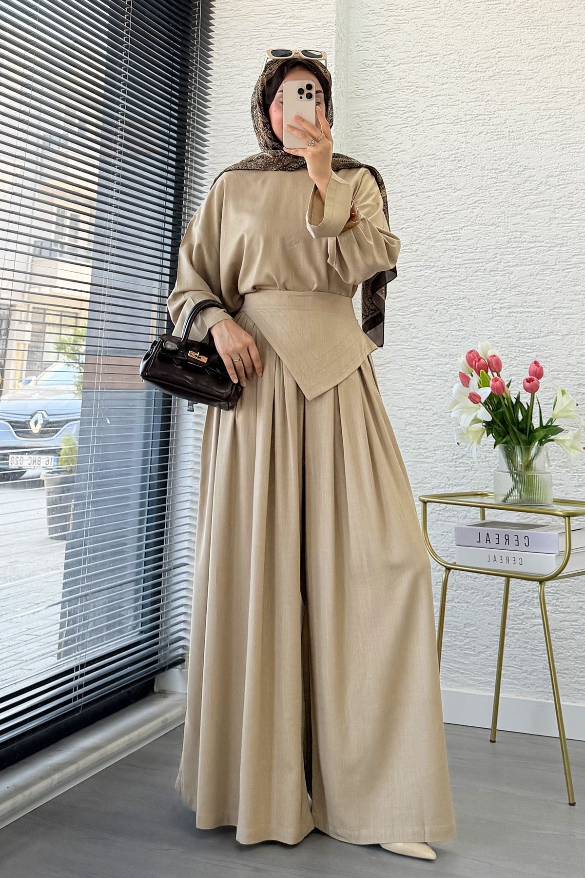 Premium Saye Tasarım Kemerli Etek Pantolon Takım - Vizon