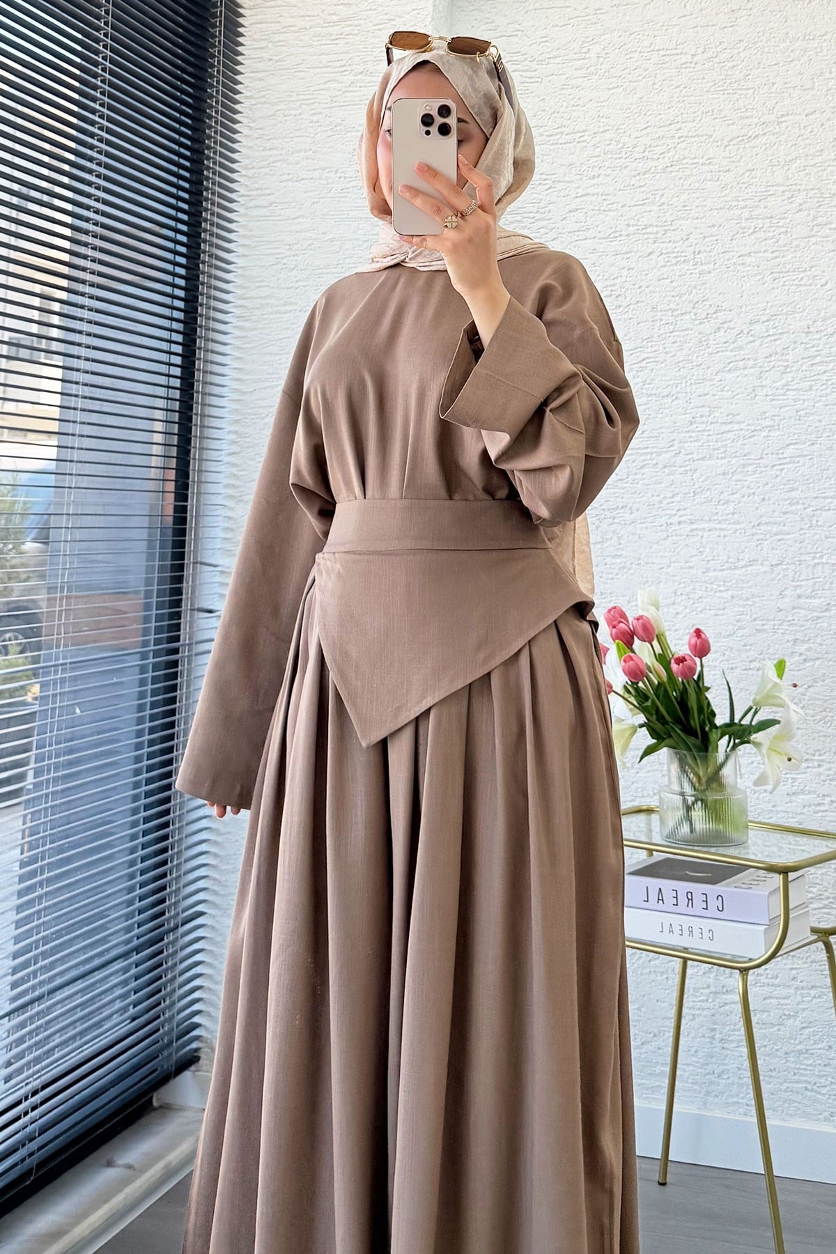 Premium Saye Tasarım Kemerli Etek Pantolon Takım - Sütlü Kahve