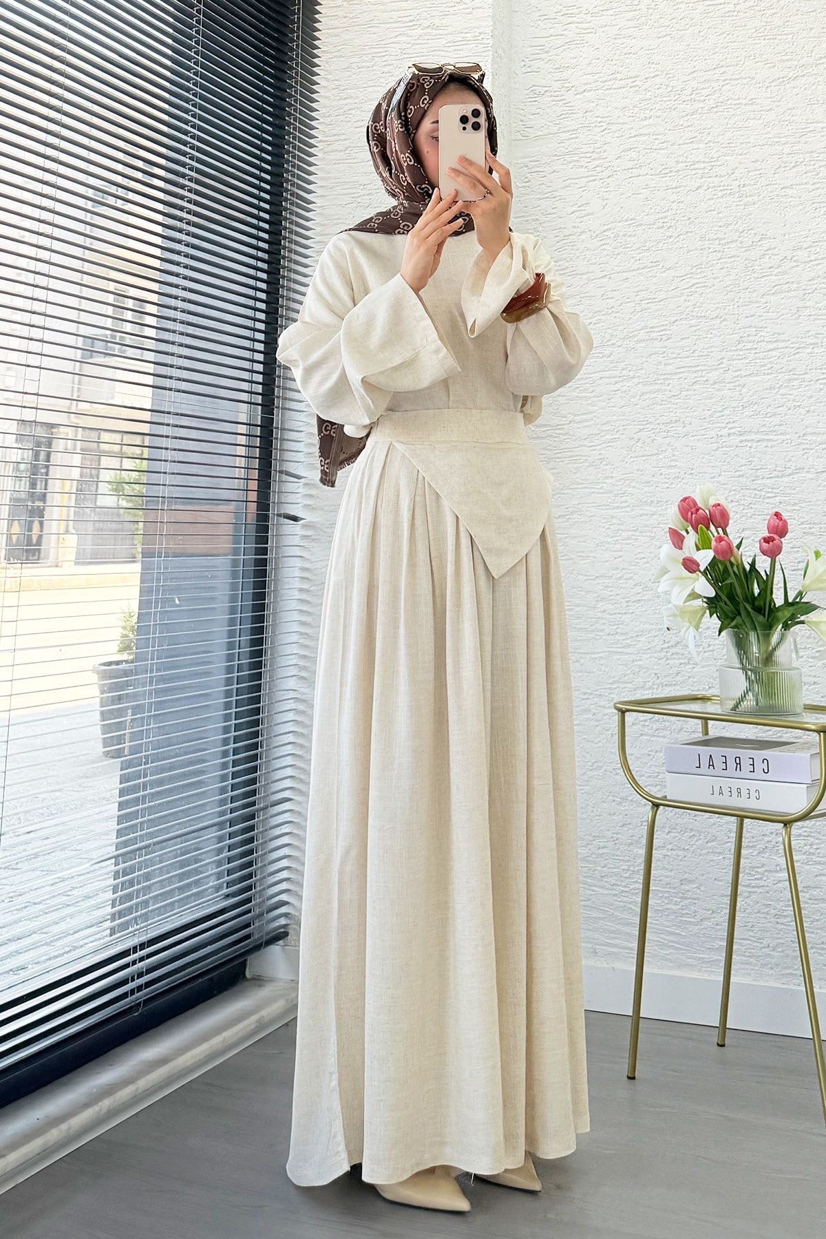 Premium Saye Tasarım Kemerli Etek Pantolon Takım - Natural
