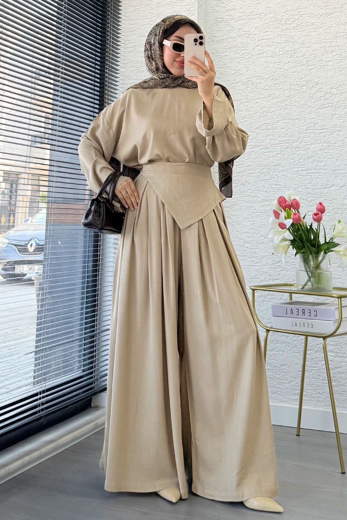 Premium Saye Tasarım Kemerli Etek Pantolon Takım - Vizon