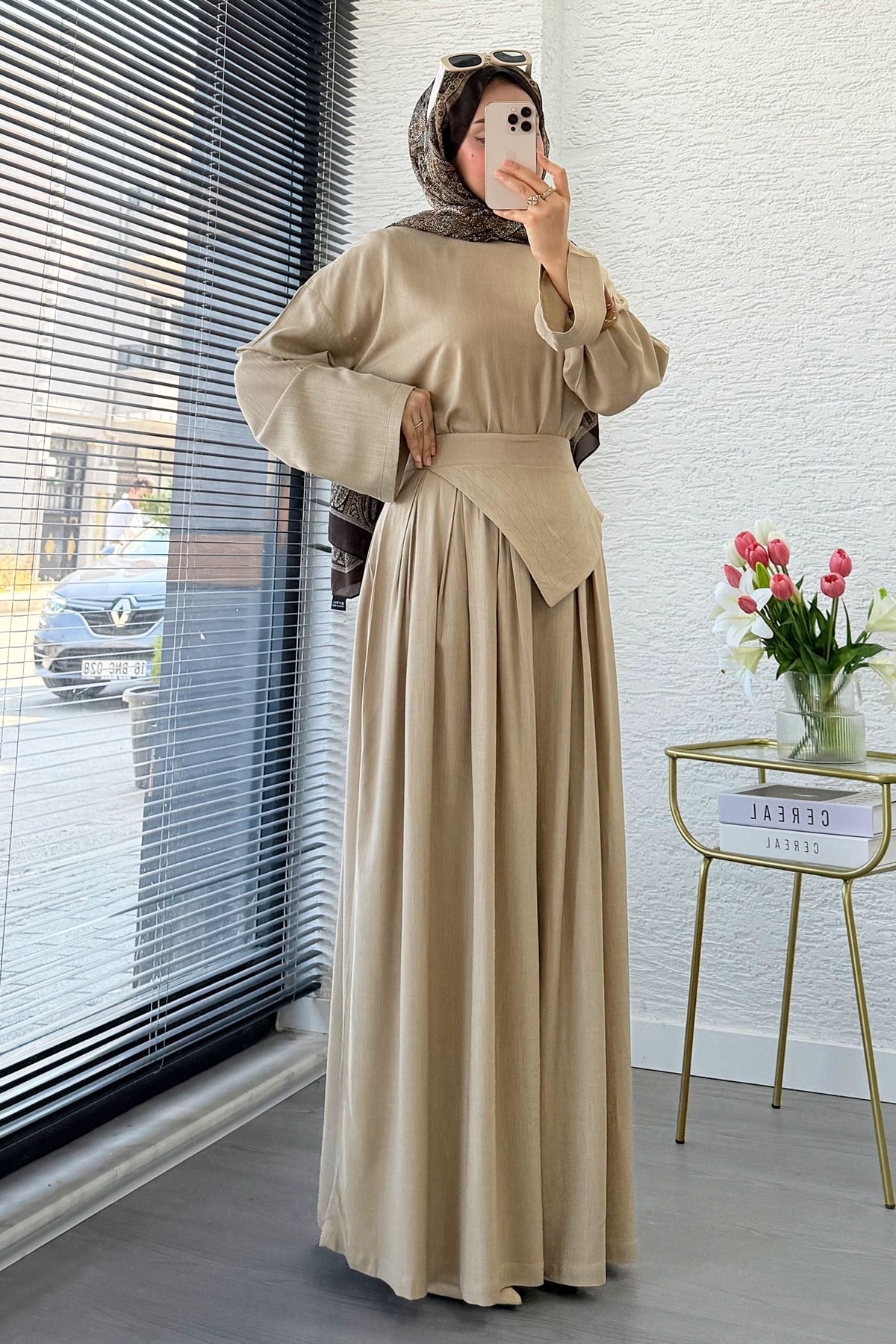 Premium Saye Tasarım Kemerli Etek Pantolon Takım - Vizon