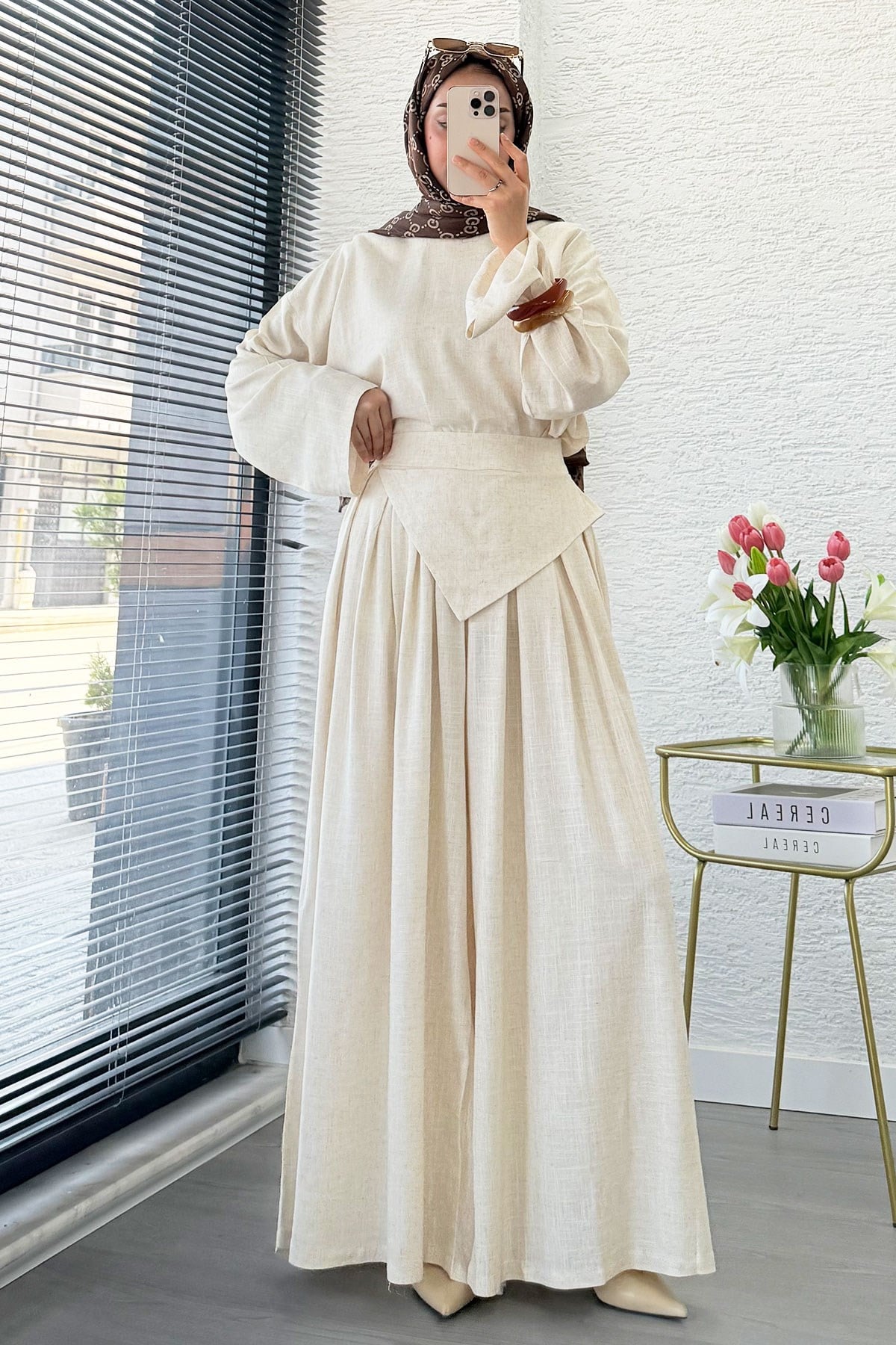 Premium Saye Tasarım Kemerli Etek Pantolon Takım - Natural