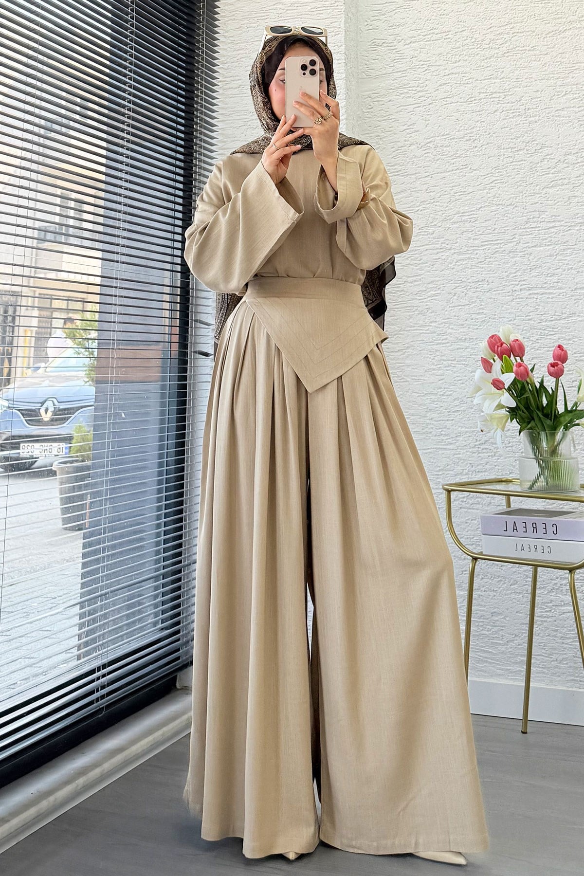 Premium Saye Tasarım Kemerli Etek Pantolon Takım - Vizon