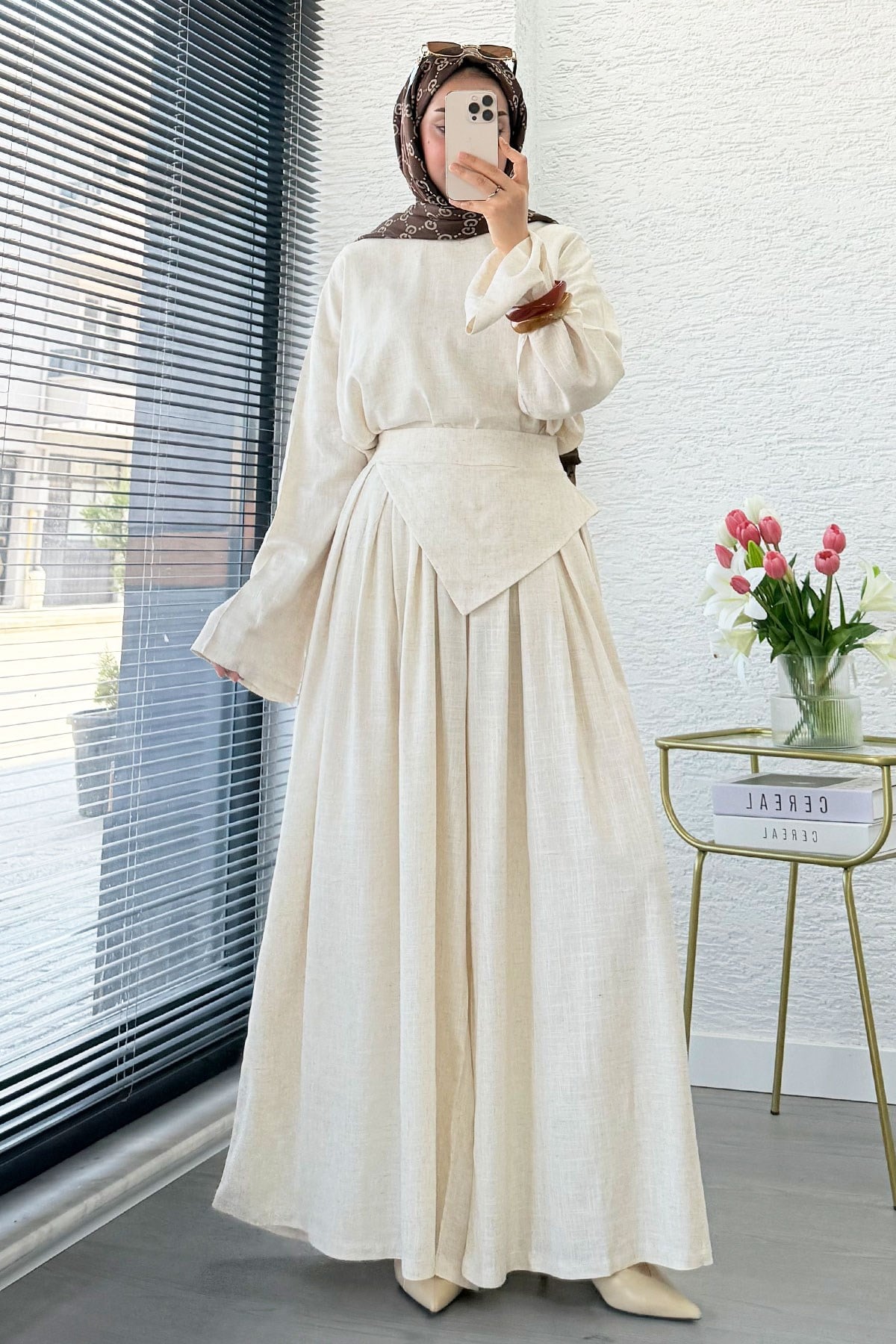 Premium Saye Tasarım Kemerli Etek Pantolon Takım - Natural
