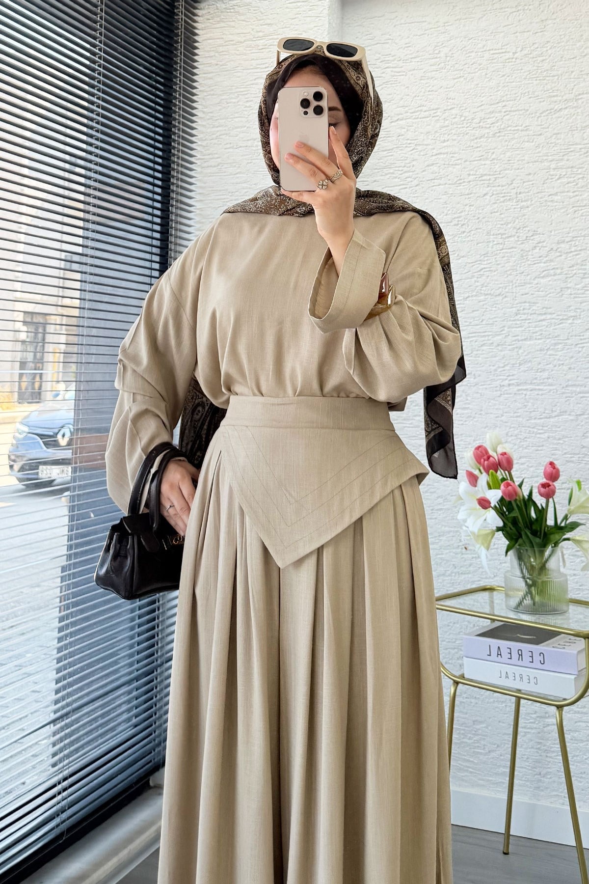 Premium Saye Tasarım Kemerli Etek Pantolon Takım - Vizon