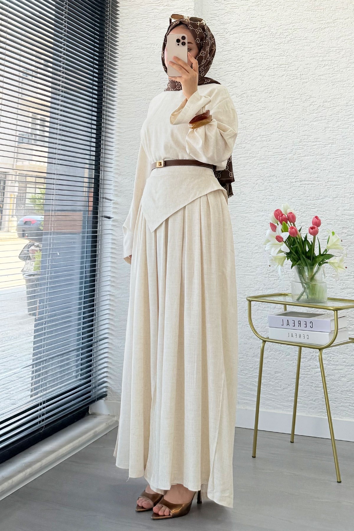 Premium Saye Tasarım Kemerli Etek Pantolon Takım - Natural
