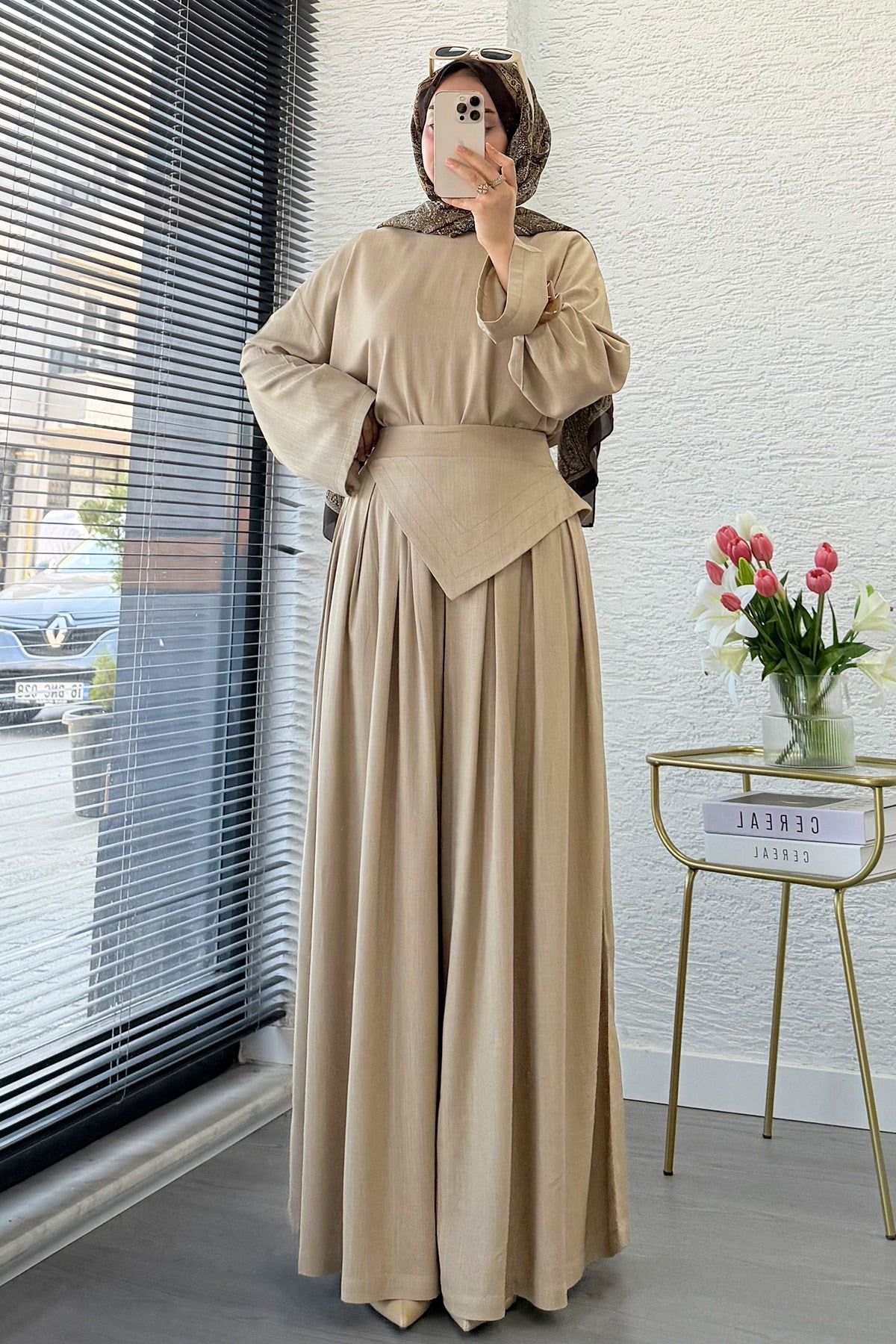 Premium Saye Tasarım Kemerli Etek Pantolon Takım - Vizon