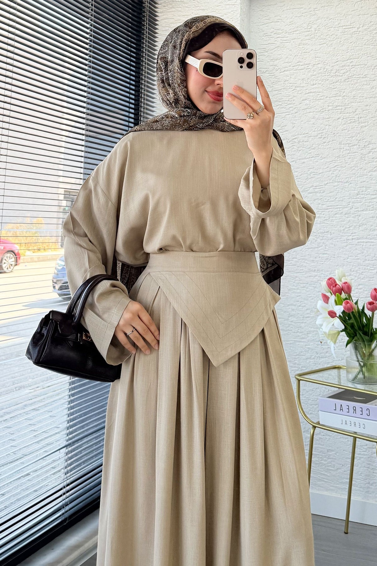 Premium Saye Tasarım Kemerli Etek Pantolon Takım - Vizon