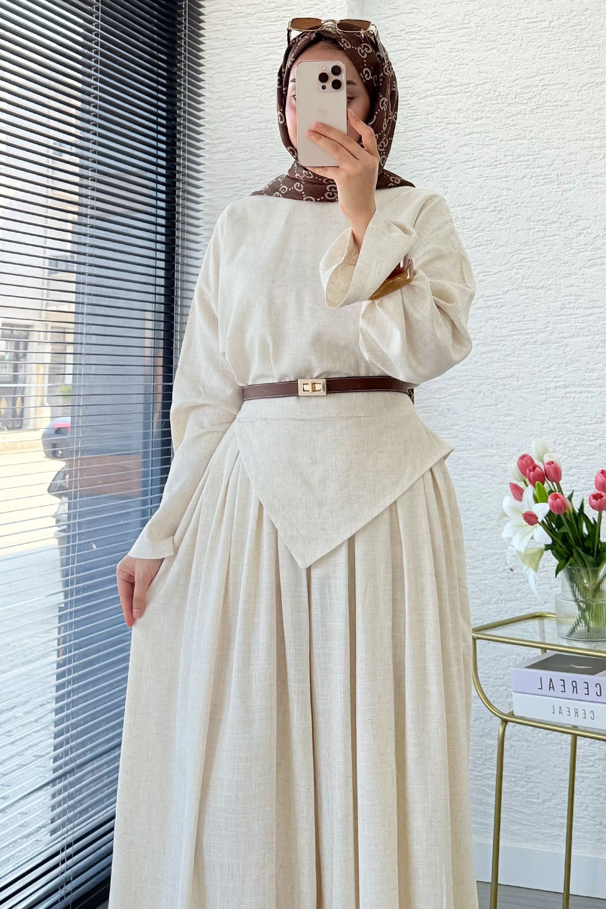 Premium Saye Tasarım Kemerli Etek Pantolon Takım - Natural