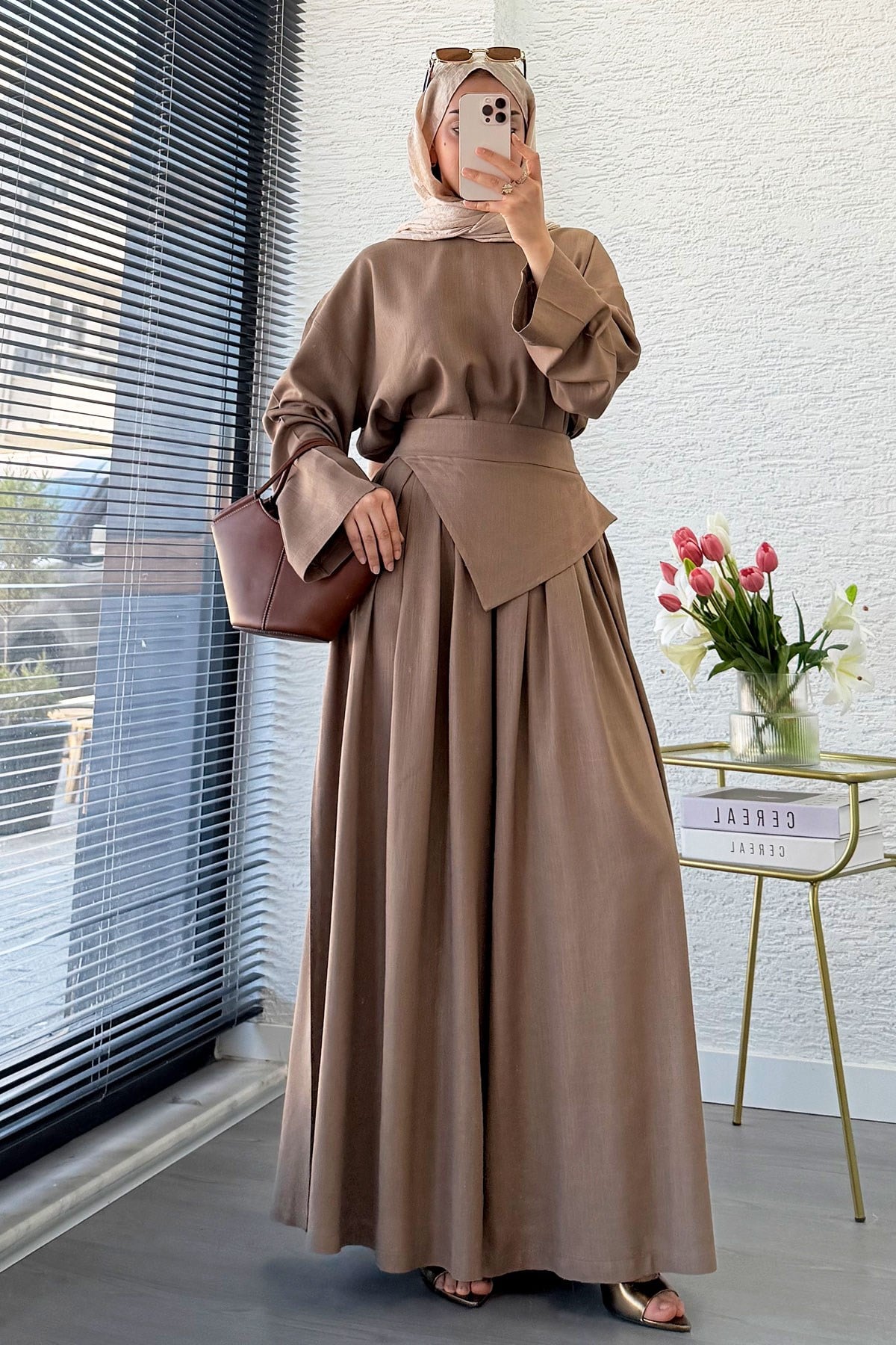 Premium Saye Tasarım Kemerli Etek Pantolon Takım - Sütlü Kahve