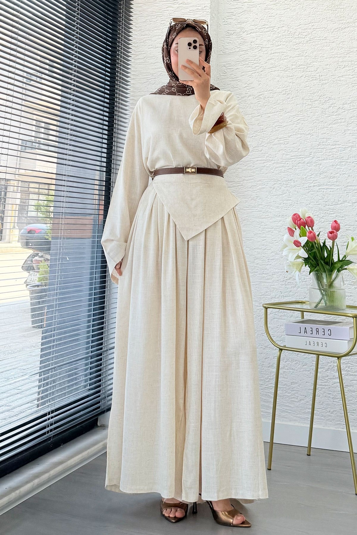 Premium Saye Tasarım Kemerli Etek Pantolon Takım - Natural