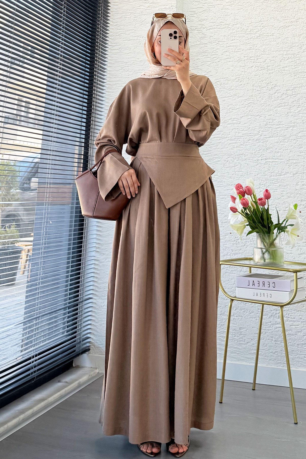 Premium Saye Tasarım Kemerli Etek Pantolon Takım - Sütlü Kahve