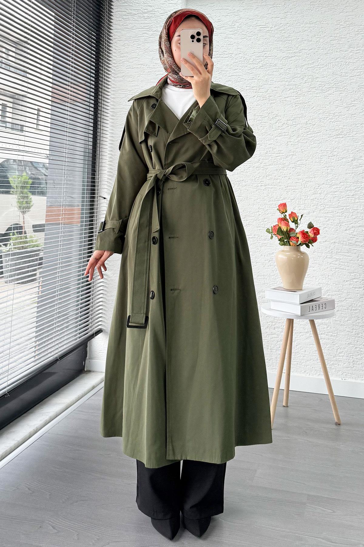Premium Sekiz Düğmeli Oversize Kadın Trençkot - Haki