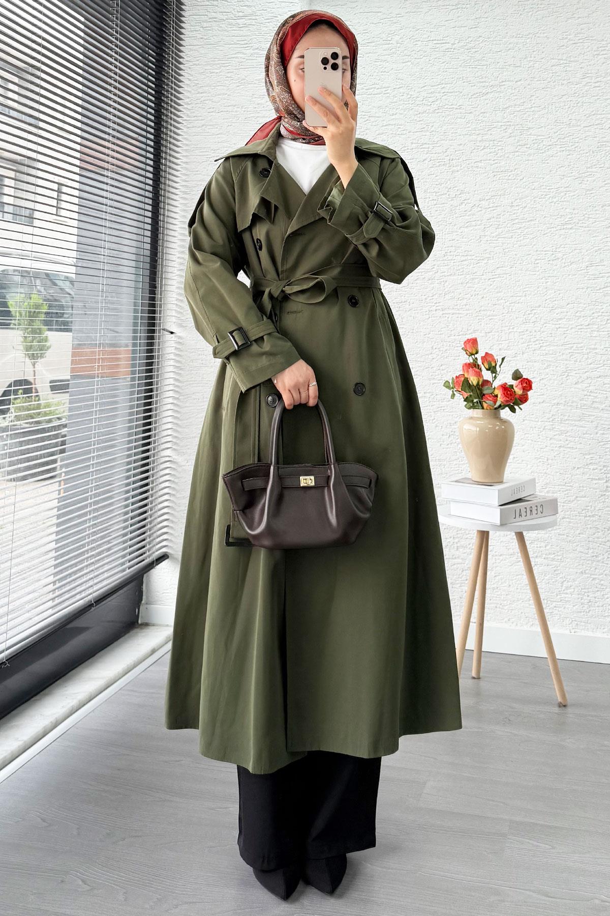 Premium Sekiz Düğmeli Oversize Kadın Trençkot - Haki