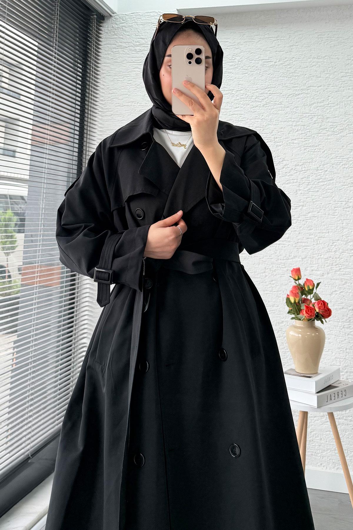 Premium Sekiz Düğmeli Oversize Kadın Trençkot - Siyah
