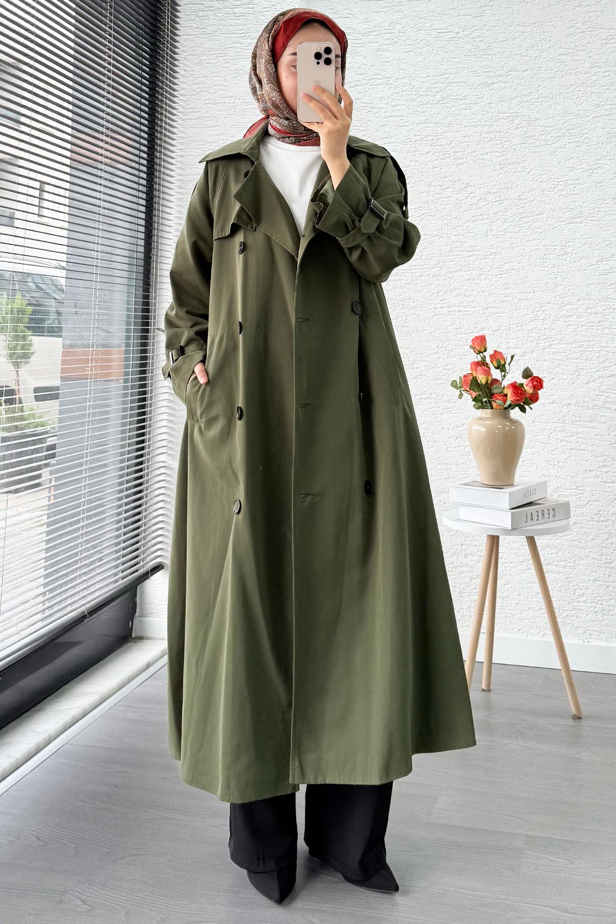 Premium Sekiz Düğmeli Oversize Kadın Trençkot - Haki