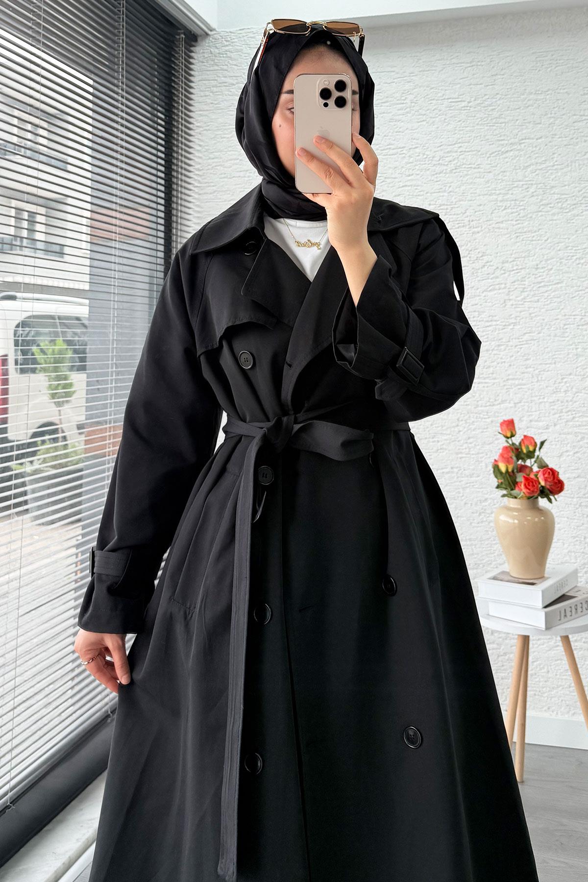 Premium Sekiz Düğmeli Oversize Kadın Trençkot - Siyah