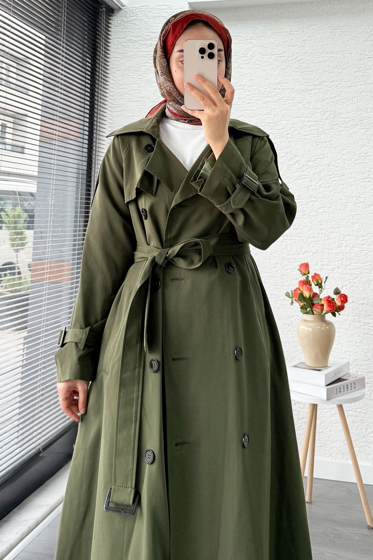 Premium Sekiz Düğmeli Oversize Kadın Trençkot - Haki
