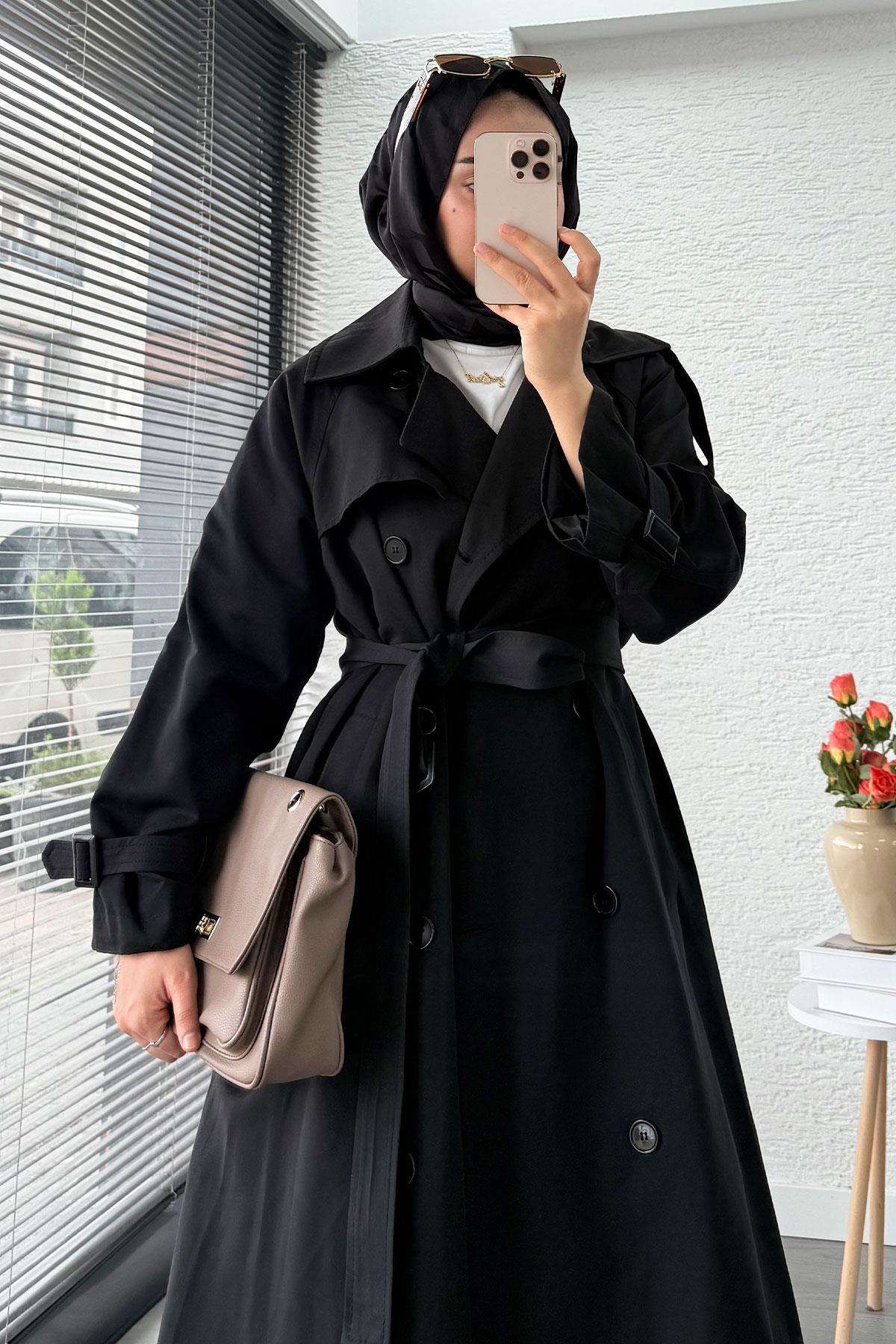 Premium Sekiz Düğmeli Oversize Kadın Trençkot - Siyah