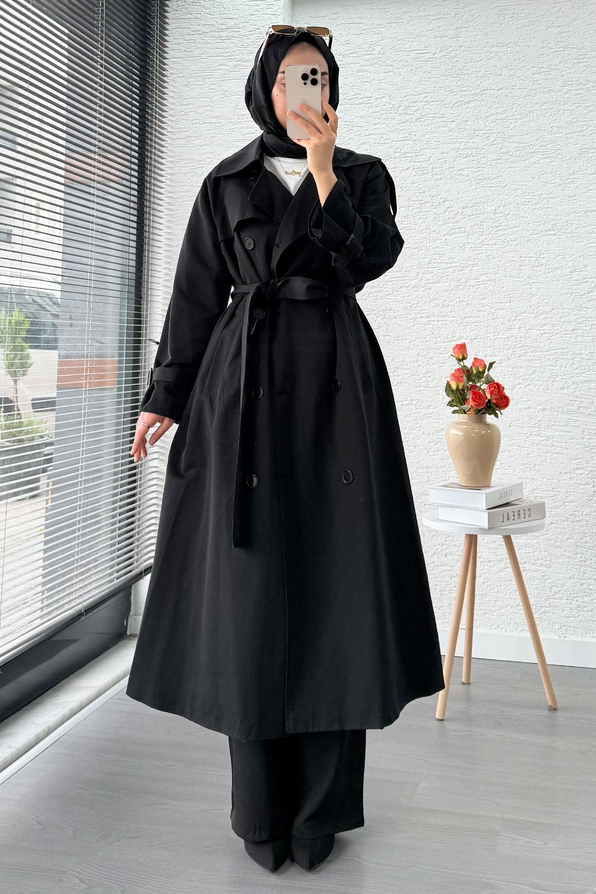 Premium Sekiz Düğmeli Oversize Kadın Trençkot - Siyah