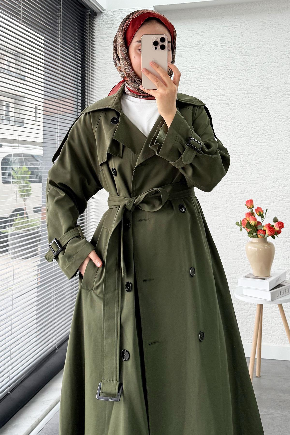 Premium Sekiz Düğmeli Oversize Kadın Trençkot - Haki