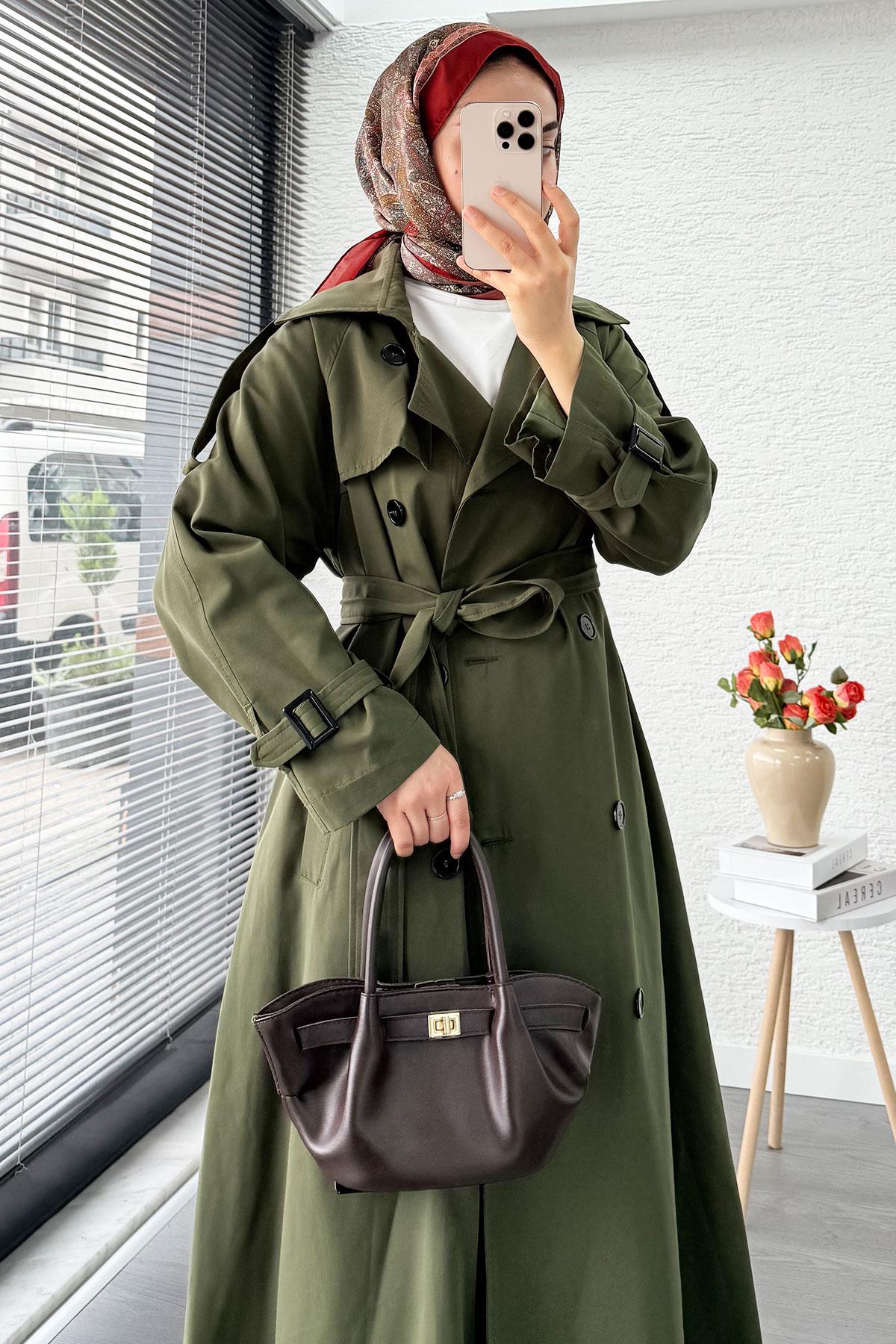 Premium Sekiz Düğmeli Oversize Kadın Trençkot - Haki