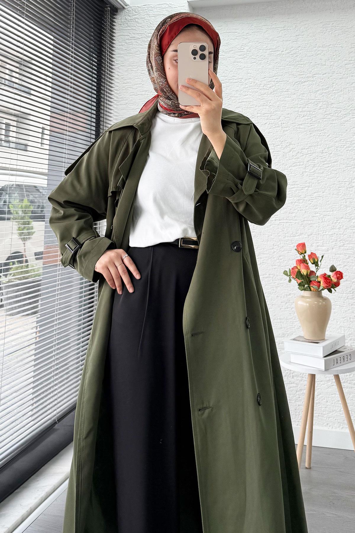 Premium Sekiz Düğmeli Oversize Kadın Trençkot - Haki