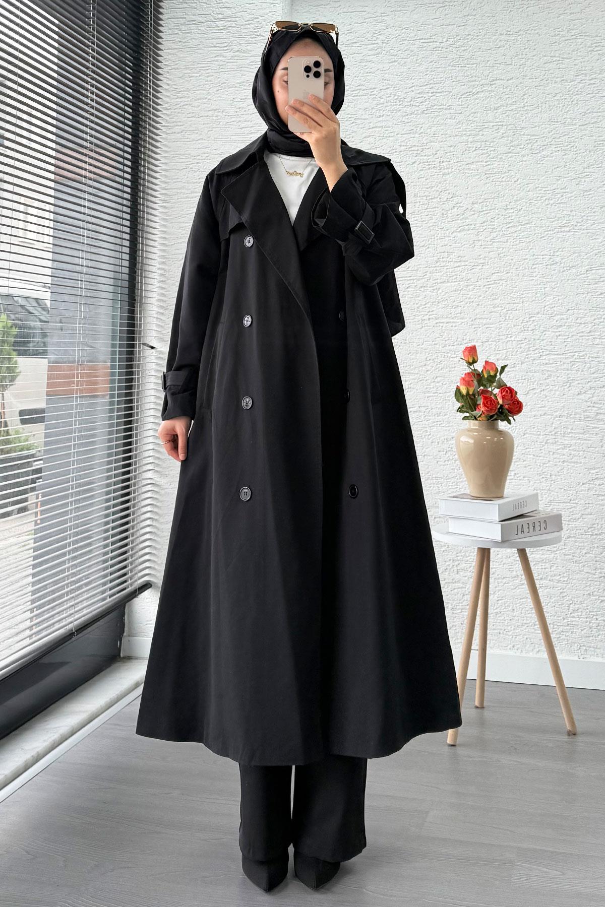 Premium Sekiz Düğmeli Oversize Kadın Trençkot - Siyah