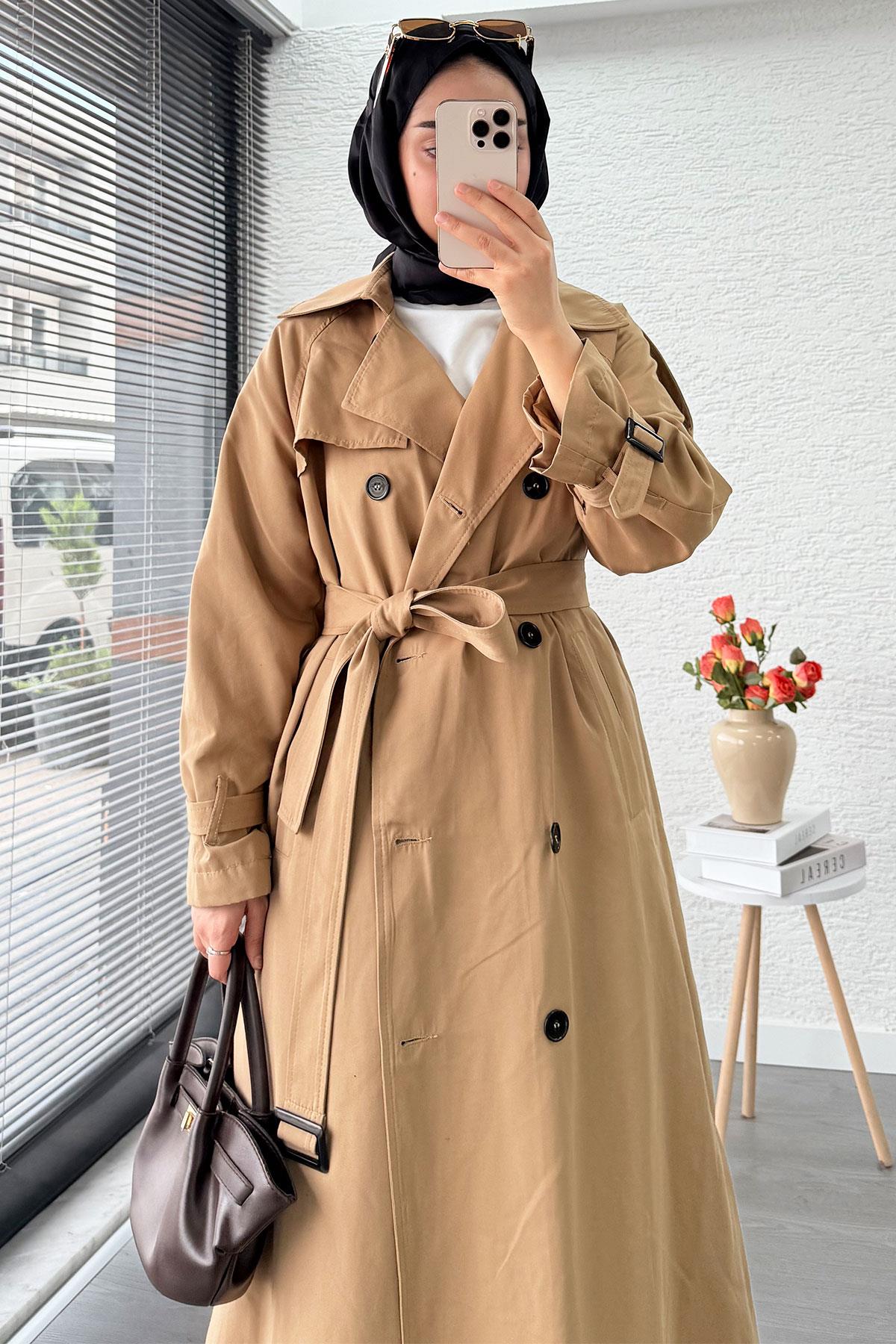 Premium Sekiz Düğmeli Oversize Kadın Trençkot - Camel