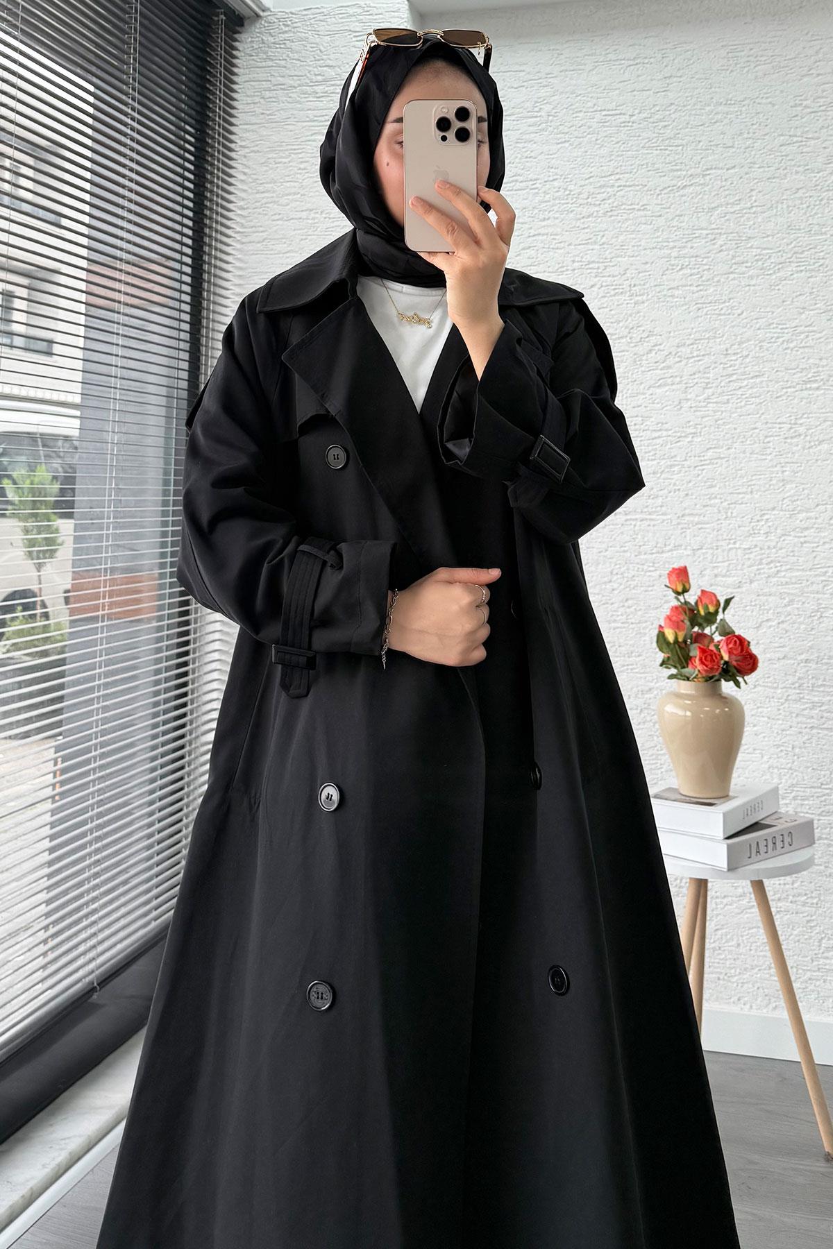Premium Sekiz Düğmeli Oversize Kadın Trençkot - Siyah