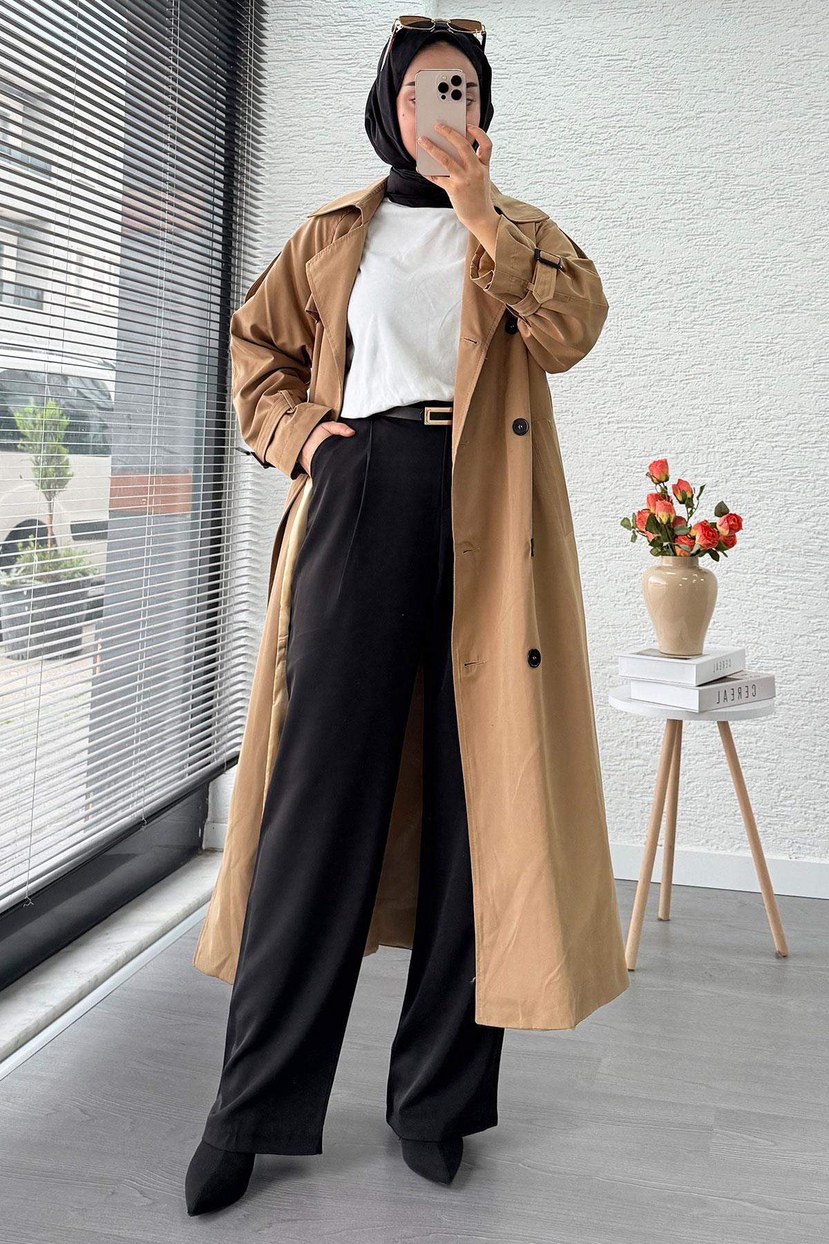 Premium Sekiz Düğmeli Oversize Kadın Trençkot - Camel